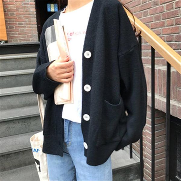 

women's knits & tees korean fashion 2021 autumn winter loose v neck knitted sweaters fall basic coat sweater knit female oversize cardi, White