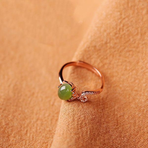 

natural oval chalcedony plant winding rose gold opening adjustable ring chinese retro charm women's brand silver jewelry cluster rings, Golden;silver