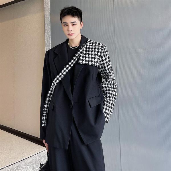 

men's suits & blazers suit coat spring and autumn style splicing plaid fashion casual versatile loose large size, White;black