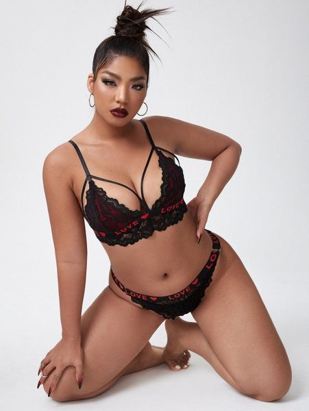 

plus floral lace letter tape lingerie set w3tn#, Black;white