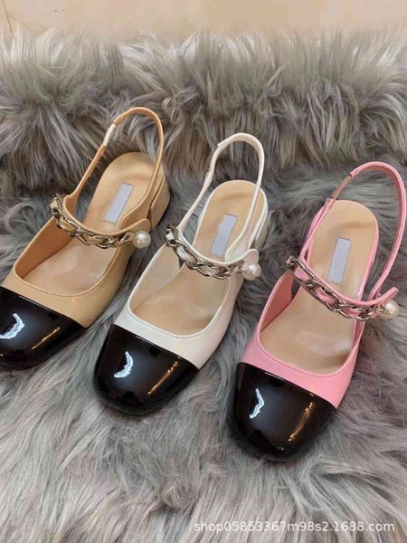 

2021 summer new miu family square head high heel sandals with pearl chain ysj, Black