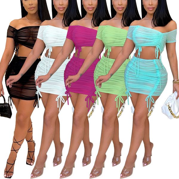 

casual dresses two piece set party clubwear summer outfits 2021 blue black sheer mesh mini skirts women sets, Black;gray