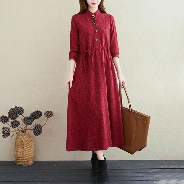 

casual dresses women autumn vintage long dress 2021 arts style solid color stand collar loose ladies elegant a-line s1874, Black;gray