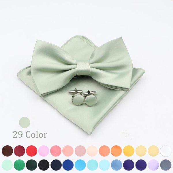 

bow ties mens solid color polyester bowtie pocket square cufflinks sets necktie tie handkerchief cuff links party wedding accessories, Black;gray