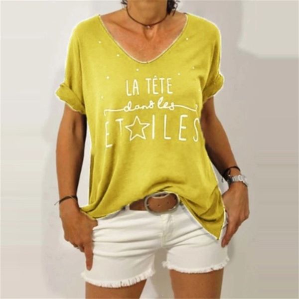 

ladies summer 95% cotton 5% spandex harajuku lady letter print yellow casual short sleeve v-neck loose fit aesthetic t-shirt women satin bl, White