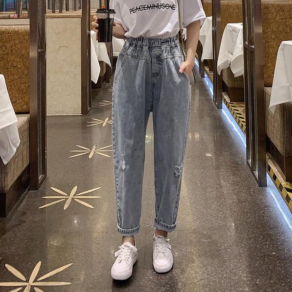 

women's jeans woman pants summer high waist loose straight ripped cropped pantalones vaqueros mujer, Blue