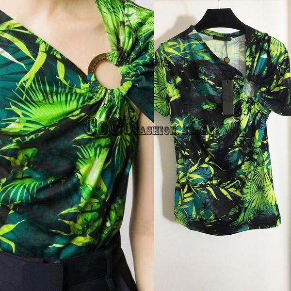 

women's t-shirt luxury design 21 outfits for women clothing green jungle letter print irregular diagonal collar buckle short sleeve top, White