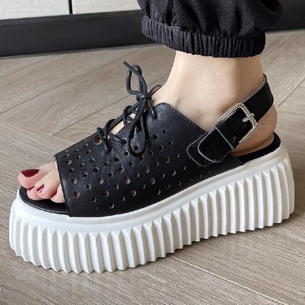 

sandals women's genuine leather thick sole platform flats open toe lace-up hollow-out breathable summer casual punk shoes women, Black