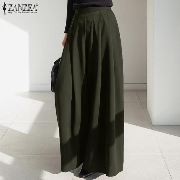 

women's pants & capris vintage pleated wide leg trousers zanzea 2021 casual high waist long pantalon female office lady turnip oversize, Black;white