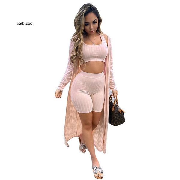 

women's shorts 3 piece set ribbed knit elastic hight spring clothes for women tank crop and biker long sleeve open stitchs, White;black