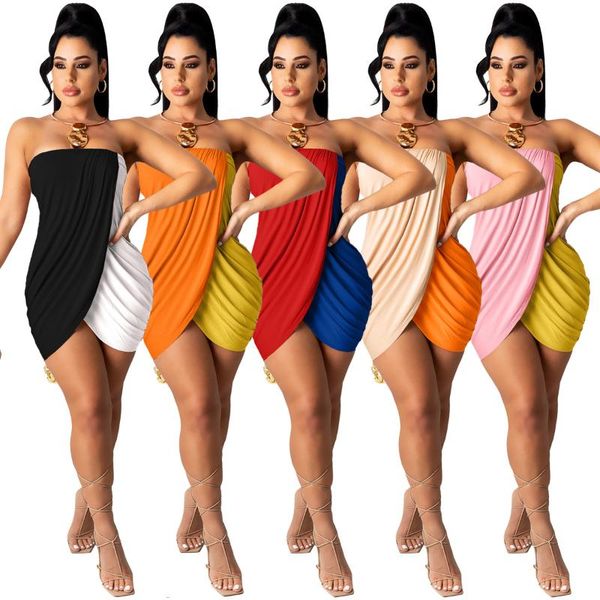 

casual dresses 2021 summer style self-cultivation contrast color stitching dress one word wrapped chest wavy pleated women, Black;gray