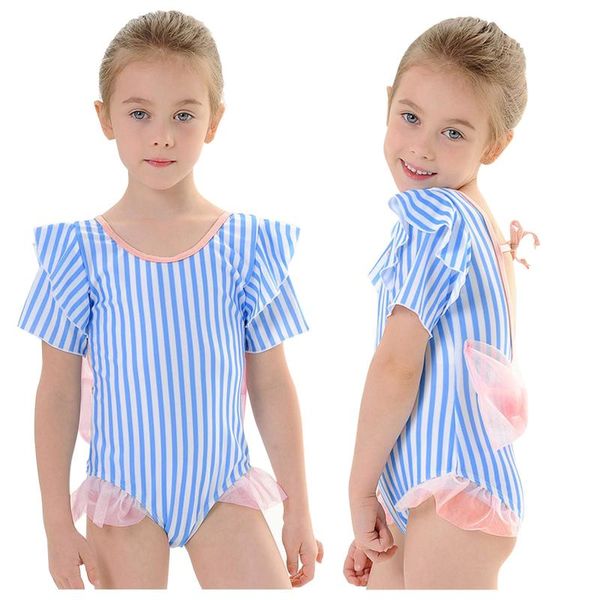 

kids girl swimsuit one-piece children swimwear striped print lace backless little summer swimming suit ruffle sea clothes one-pieces, Black