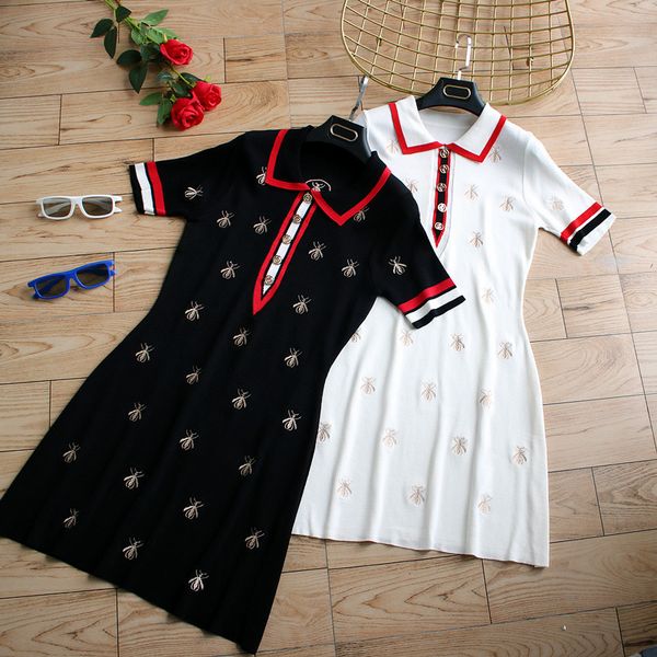 

dresses summer new color contrast embroidery bee waist ice silk dress polo collar show thin women's hip a-line skirt, Black;gray