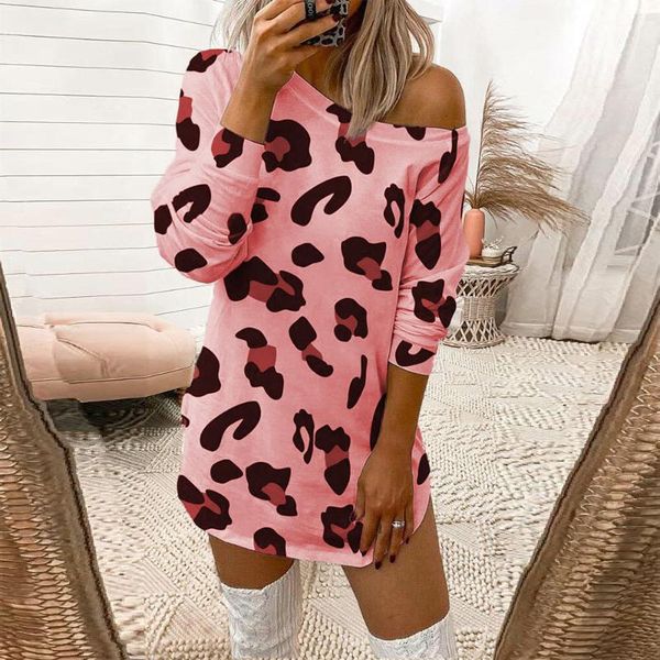 

casual dresses autumn fashion leopard print t-shirts dress 2021 women off shoulder long sleeve plus size mini woman, Black;gray