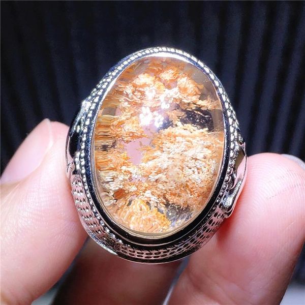 

22x16mm natural white yellow phantom quartz adjustable ring garden 925 sterling silver oval bead cluster rings, Golden;silver