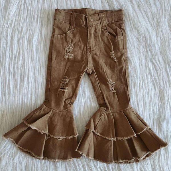 

jeans fashin children girls ruffle pants soft denim double bell bottom solid color flared full, Blue