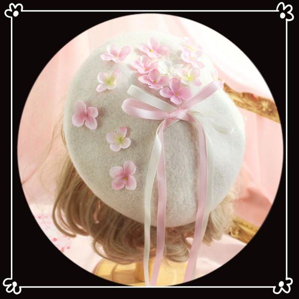 

party masks handmade lolita girl sweet woolen painter's hat female flower bow ribbon flat cap autumn winter ancient hanfu daily warm be