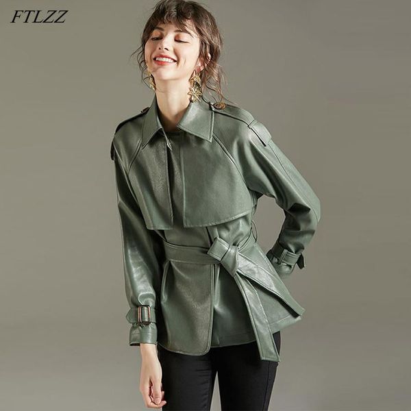 

women's leather & faux ftlzz 2021 spring autumn lapel jacket women green pu coat simplicity loose jackets office lady outwear with belt, Black