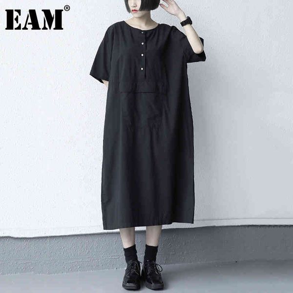 

[eam] women black button spliced big size long dress round neck half sleeve loose fit fashion spring summer 1dd8616 21512, Black;gray