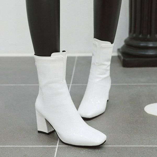 

boots plus size ladies block heel ankle square toe back zip casual party shoes, Black