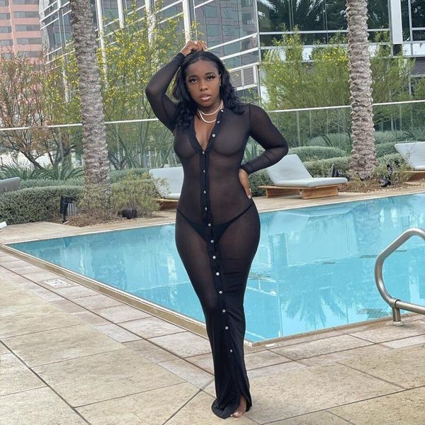 

casual dresses black mesh see through maxi dress women fall clothes birthday party club outfits long sleeve bodycon shirt, Black;gray