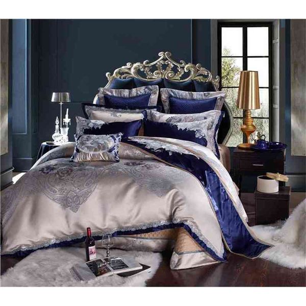 

blue silver silk cotton satin jacquard luxury chinese  king size bedding bed sheet/spread set duvet cover
