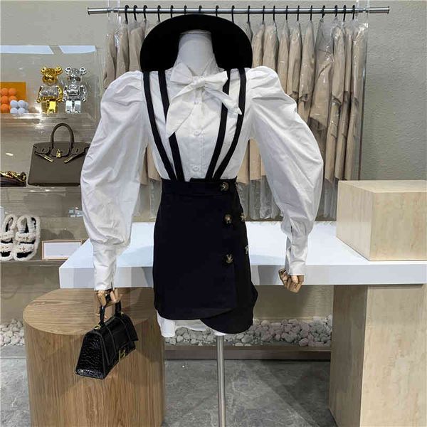 

skirts niche design bow with white bubble sleeve + irregular double shoulder straps breasted skirt 2 suit sets, Black