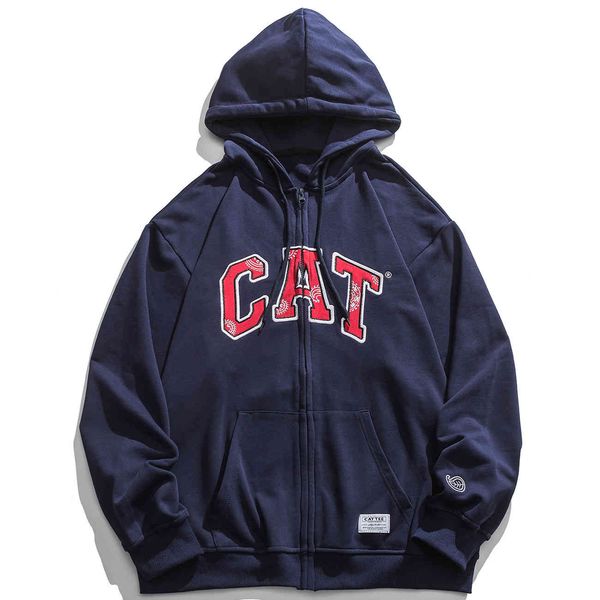 

men's sweaters male jacket hip hop hoodie, hoodie jacket, zipper, unissex, cat letters, embroidered, White;black