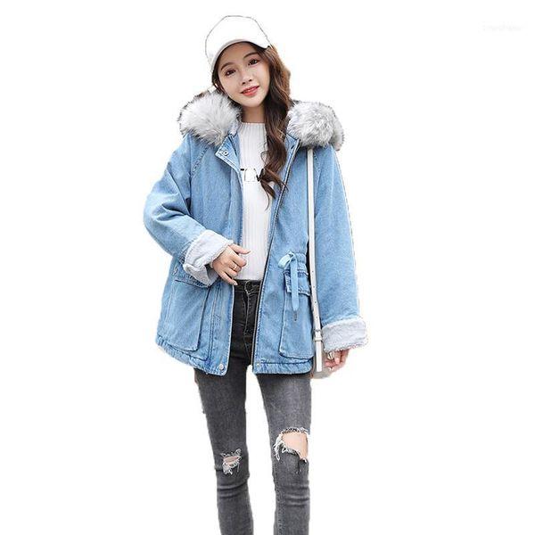 

long sleeve faux fur collar hooded padded jackets women fashion casual denim coat 2021 winter ladies thick keep warm parka1, Black