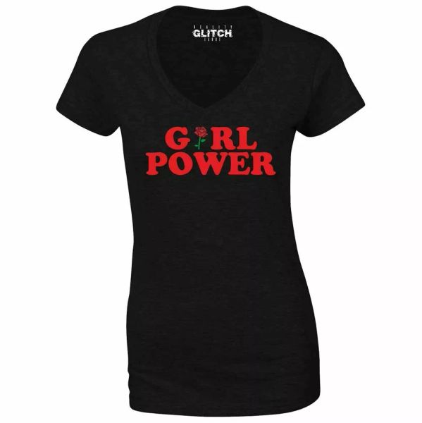 

girl power rose women's v-neck t-shirt feminism powerful proud lady, White;black