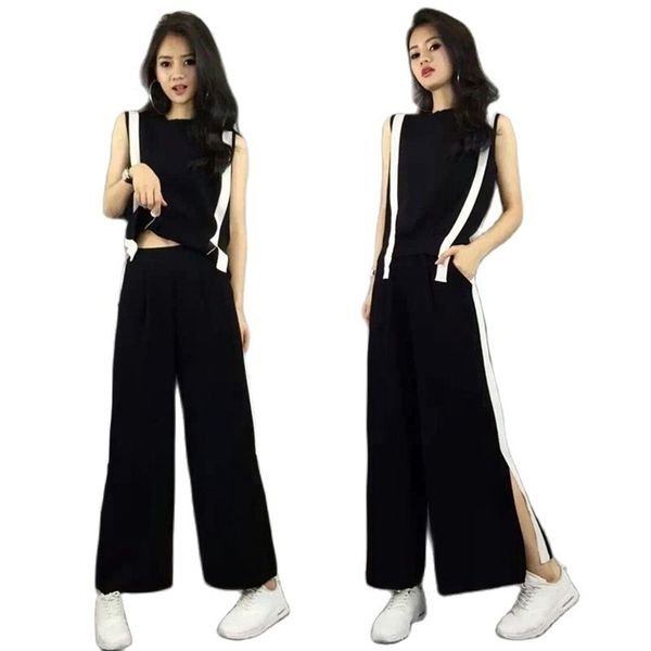 

fashion women's suit summer ice silk round neck sweater open back contrast color nine-point wide-leg pants two-piece 210520, White