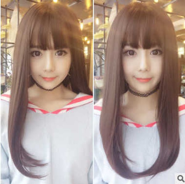 

wig female korean air bangs micro curl inside buckle long straight hair chemical fiber head cover, Black