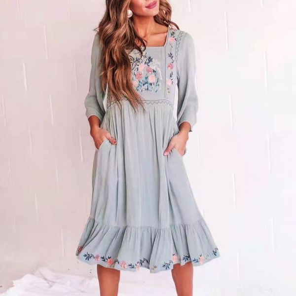 

square collar bohemia long dresses women rayon boho floral embroidery vintage spring autumn dress loose robe 2021 casual, Black;gray