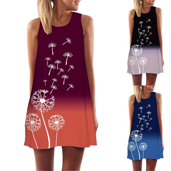 

casual dresses women's summer dress dandelion printed round neck sleeveless tank gradient color chic beach loose vestidos, Black;gray
