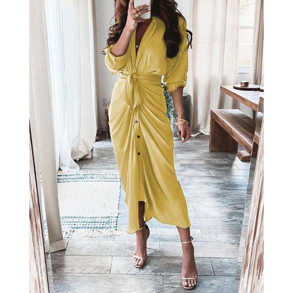 

casual dresses elegant ladies shirt dress fashion turn-down collar draped party clothes woman button belt irregular long, Black;gray