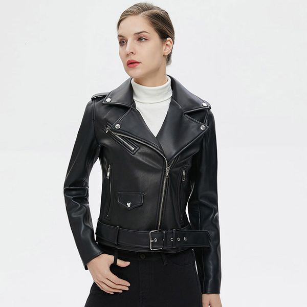 

spring autumn jacket women zipper belt short soft pu leather jackets biker black punk faux motorcycle coat plus size 200917