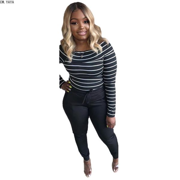 

two piece dress cm.yaya 2021 women slash neck full sleeve pants suits striped print set casual sportswear fitness outfitsl6087, White