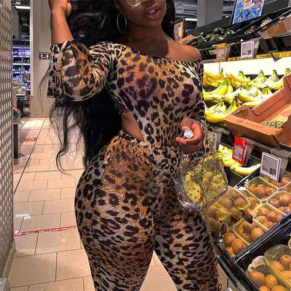 Donne sexy stampa leopardata 2 pezzi set con spalle scoperte manica lunga tuta alta + pantaloni lunghi abiti moda streetwear 210517