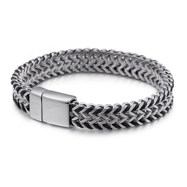 

men jewelry braided leather double row stainless steel woven chain width 11mm magnet buckle bracelet wholesale, Black