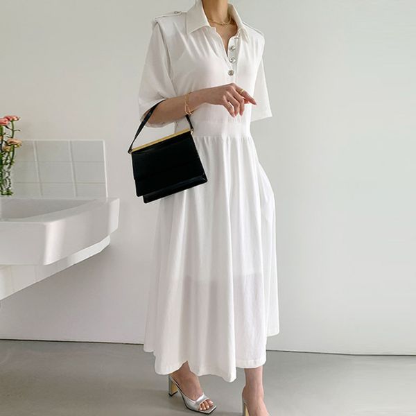 

[ewq] new style elegant temperament gentle summer lapel chic single-breasted lace-up pockets half sleeve dress women16f1321 210423, Black;gray