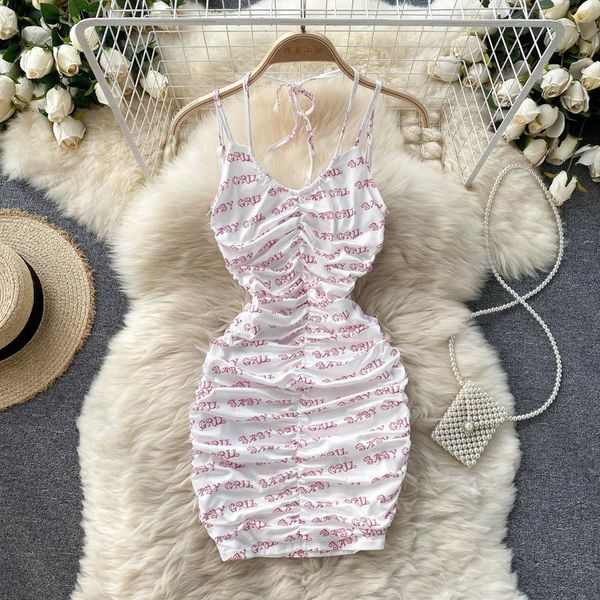 

casual dresses singreiny women design halter strap dress korean fashion sleeveless ruched slim summer letter print mini sundress, Black;gray
