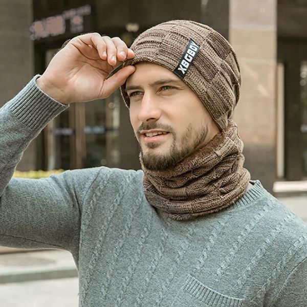 

two pieces winter hat&scarf set for men beanies scarves male sets thick cotton warm accessories outdoor hats, Black;white