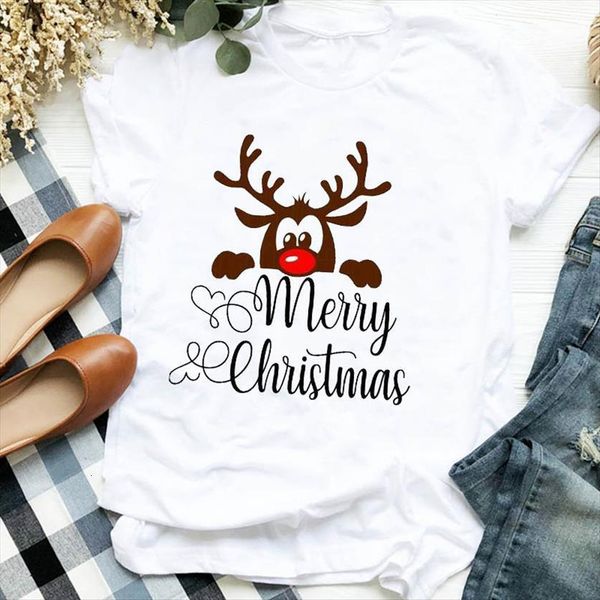 

deer fashion animal clothes cartoon women merry christmas graphic tee, White