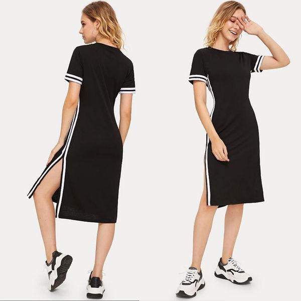 

boutique dress short sleeve women's ribbon split skirt slim, Black;gray