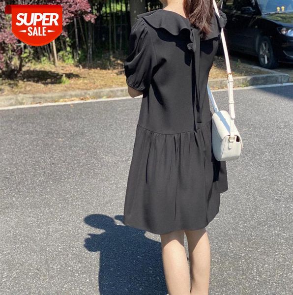 

zhi chenxi lotus leaf collar a-line mid-length petal-sleeved ruffled french dress 1766 #jf3c, Black;gray