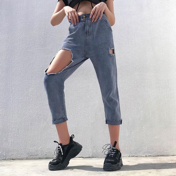 

women's jeans 2021 korean casual fashion hole straight street retro personality high waist calf-length cuffs ripped for women, Blue