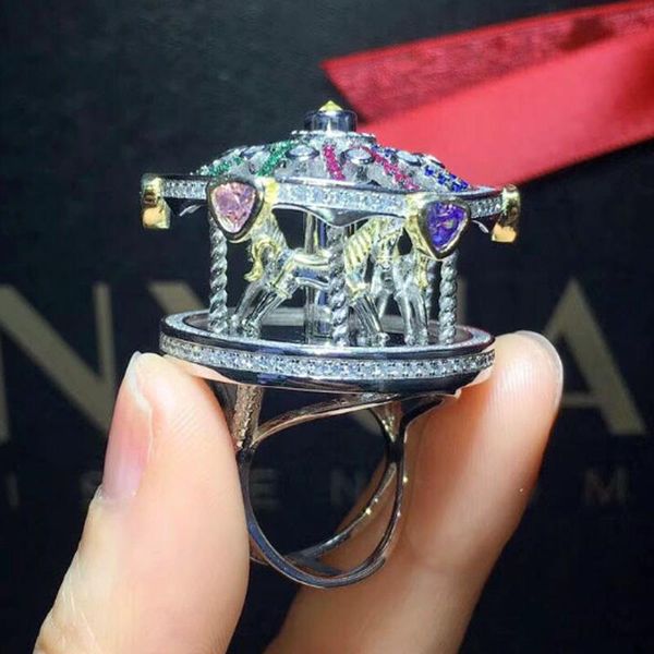 

wedding rings zlxgirl jewelry european and american personality creative cage round house horse rotatable ring full of colored zirconia, Slivery;golden