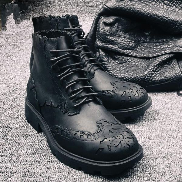 

boots luxury brogue shoes men business lace up genuine cow leather ankle england style winter fashion black platform 39-44