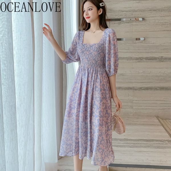 

chiffon vestidos floral elegant high waist summer robe korean women dress puff sleeve long dresses chic 16752 210415, Black;gray