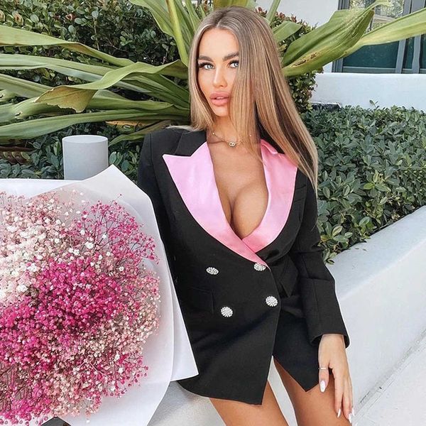 

spring women's patchwork slim fit blazer long sleeve v-neck double breasted celebrity runway party coat 210527, Black;brown